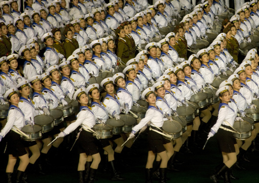 Sexy North Korean women dressed as sailors during the Arirang mass games in may day stadium, Pyongan Province, Pyongyang, North Korea