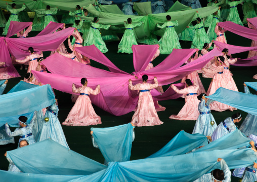 North Korean women dancing in choson-ot during the Arirang mass games in may day stadium, Pyongan Province, Pyongyang, North Korea