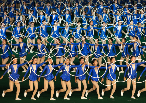 North Korean gymnasts performing with hoops at Arirang mass games in may day stadium, Pyongan Province, Pyongyang, North Korea