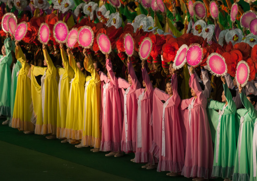 North Korean women dancing in choson-ot during the Arirang mass games in may day stadium, Pyongan Province, Pyongyang, North Korea