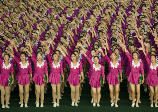 North Korean gymnasts performing during Arirang mass games in may day stadium, Pyongan Province, Pyongyang, North Korea