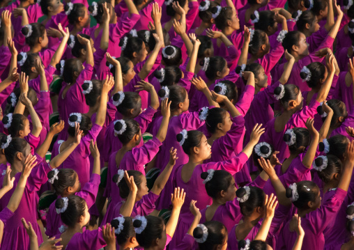 North Korean gymnasts performing during the Arirang mass games in may day stadium, Pyongan Province, Pyongyang, North Korea