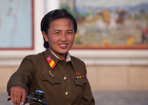 Smiling North Korean female soldier, North Hwanghae Province, Sariwon, North Korea