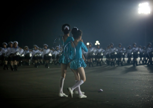 North Korean gymnasts going to the Arirang mass games outside of may day stadium
, Pyongan Province, Pyongyang, North Korea