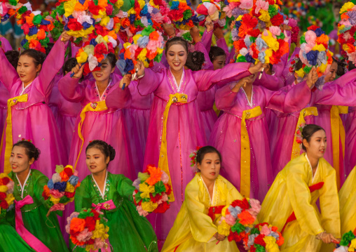 North Korean women dancing in choson-ot during the Arirang mass games in may day stadium, Pyongan Province, Pyongyang, North Korea