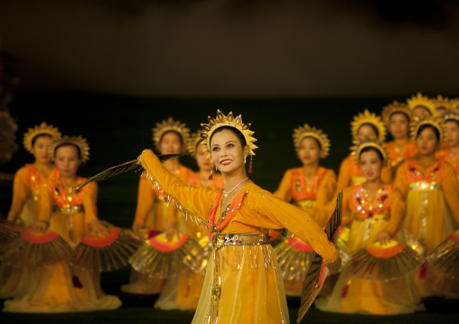 North Korean women dancing in choson-ot during the Arirang mass games in may day stadium, Pyongan Province, Pyongyang, North Korea