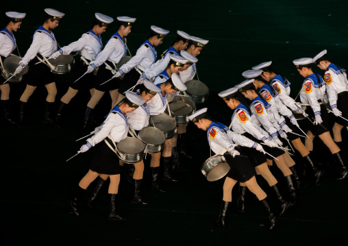 Sexy North Korean women dressed as sailors during the Arirang mass games in may day stadium, Pyongan Province, Pyongyang, North Korea