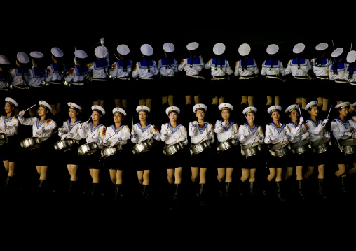 Sexy North Korean women dressed as sailors during the Arirang mass games in may day stadium, Pyongan Province, Pyongyang, North Korea