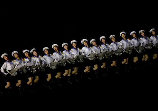 Sexy North Korean women dressed as sailors during the Arirang mass games in may day stadium, Pyongan Province, Pyongyang, North Korea