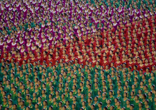 North Korean gymnasts performing during Arirang mass games in may day stadium, Pyongan Province, Pyongyang, North Korea