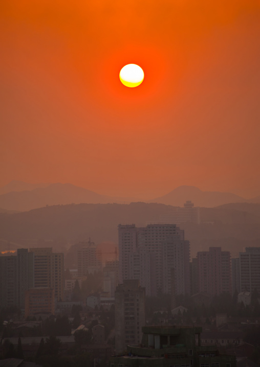 Sunset over the city buildings, Pyongan Province, Pyongyang, North Korea