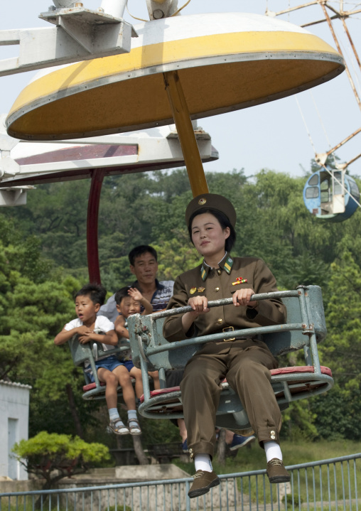 North Korean soldier on an attraction in Taesongsan funfair, Pyongan Province, Pyongyang, North Korea