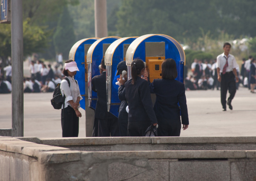 North Korean people using public phones, Pyongan Province, Pyongyang, North Korea