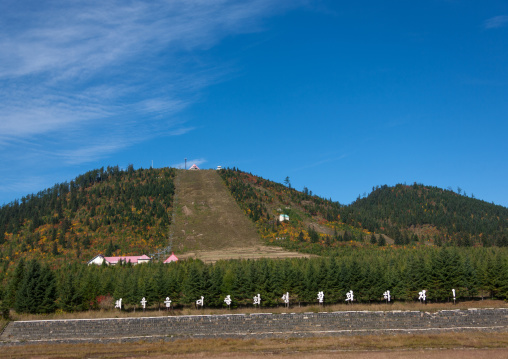 View on Samjiyon hill with skiing slopes in summertime
, Ryanggang Province, Samjiyon, North Korea