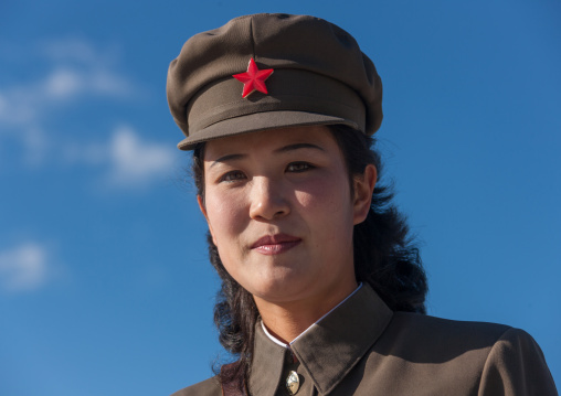 North Korean guide in the Grand monument of lake Samji, Ryanggang Province, Samjiyon, North Korea