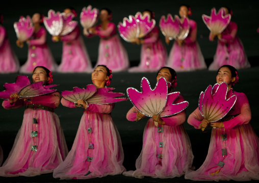 North Korean women dancing in choson-ot during the Arirang mass games in may day stadium, Pyongan Province, Pyongyang, North Korea