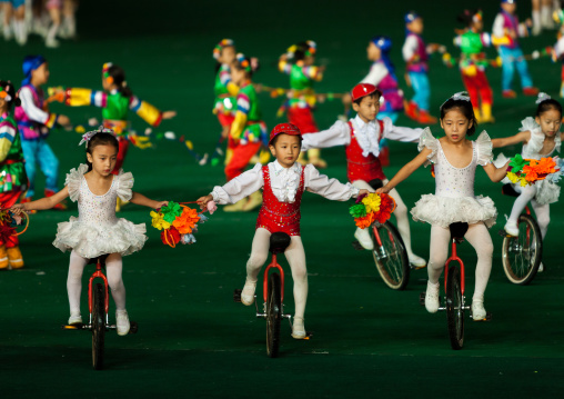 North Korean children gymasts performing with balloons during the Arirang mass games in may day stadium, Pyongan Province, Pyongyang, North Korea