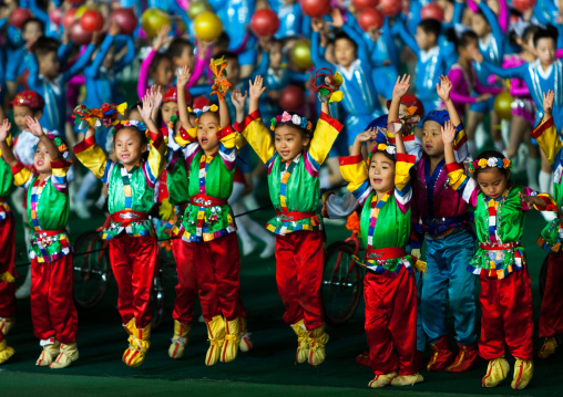 North Korean children performing during the Arirang mass games in may day stadium, Pyongan Province, Pyongyang, North Korea