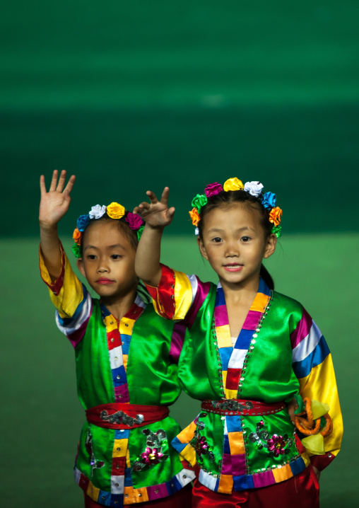 North Korean children performing during the Arirang mass games in may day stadium, Pyongan Province, Pyongyang, North Korea