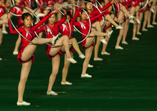 North Korean gymnasts performing with hoops at Arirang mass games in may day stadium, Pyongan Province, Pyongyang, North Korea