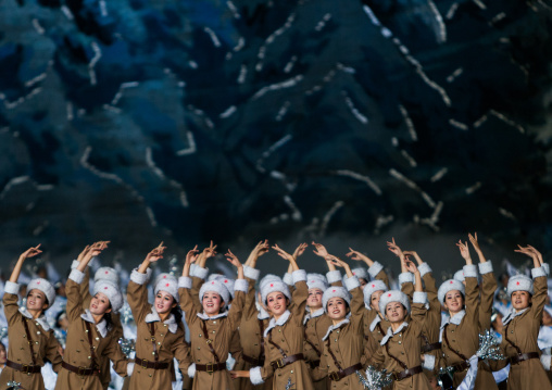 North Korean woman dressed as soldier during the Arirang mass games at may day stadium, Pyongan Province, Pyongyang, North Korea