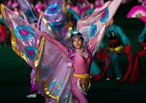 North Korean dancer with butterfly wings during Arirang mass games in may day stadium, Pyongan Province, Pyongyang, North Korea