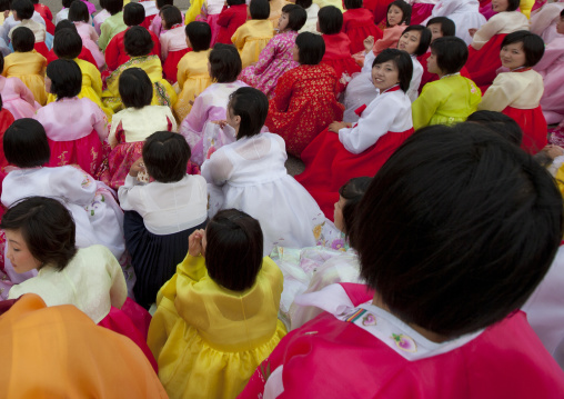 North Korean students before a mass dance performance on september 9 day of the foundation of the republic, Pyongan Province, Pyongyang, North Korea