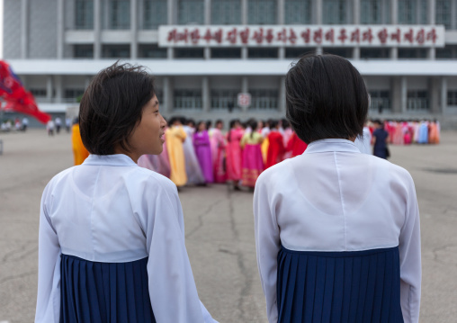 North Korean students during a mass dance performance on september 9 day of the foundation of the republic, Pyongan Province, Pyongyang, North Korea