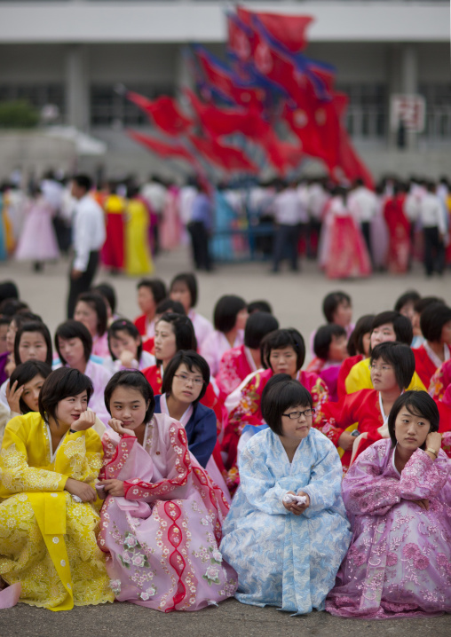 North Korean students before a mass dance performance on september 9 day of the foundation of the republic, Pyongan Province, Pyongyang, North Korea