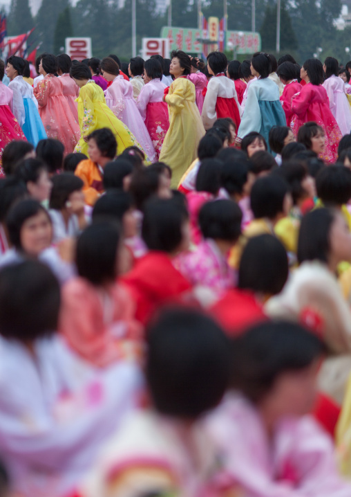 North Korean students during a mass dance performance on september 9 day of the foundation of the republic, Pyongan Province, Pyongyang, North Korea