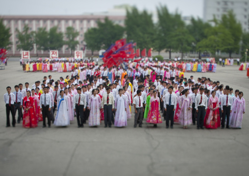 North Korean students before a mass dance performance on september 9 day of the foundation of the republic, Pyongan Province, Pyongyang, North Korea