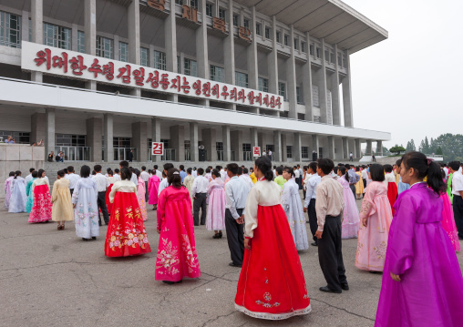 North Korean students before a mass dance performance on september 9 day of the foundation of the republic, Pyongan Province, Pyongyang, North Korea