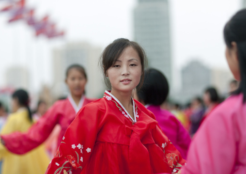 North Korean students during a mass dance performance on september 9 day of the foundation of the republic, Pyongan Province, Pyongyang, North Korea