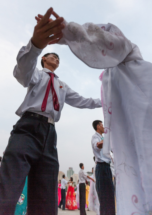 North Korean students during a mass dance performance on september 9 day of the foundation of the republic, Pyongan Province, Pyongyang, North Korea