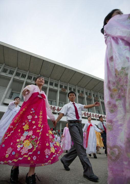 North Korean students during a mass dance performance on september 9 day of the foundation of the republic, Pyongan Province, Pyongyang, North Korea