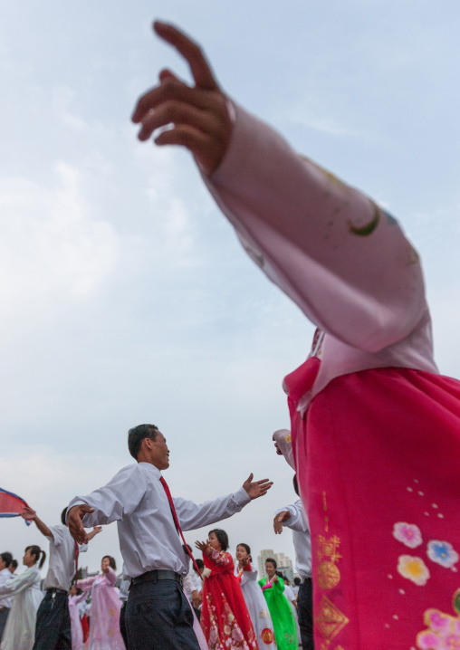 North Korean students during a mass dance performance on september 9 day of the foundation of the republic, Pyongan Province, Pyongyang, North Korea