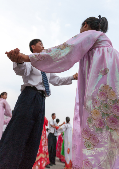 North Korean students during a mass dance performance on september 9 day of the foundation of the republic, Pyongan Province, Pyongyang, North Korea