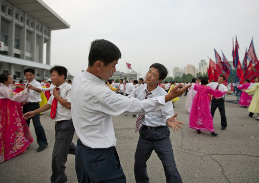 North Korean students during a mass dance performance on september 9 day of the foundation of the republic, Pyongan Province, Pyongyang, North Korea