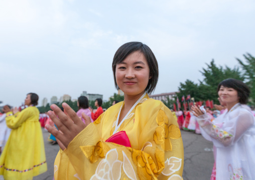 North Korean students during a mass dance performance on september 9 day of the foundation of the republic, Pyongan Province, Pyongyang, North Korea