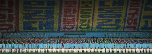 Panoramic view of the Arirang mass games with North Korean performers in may day stadium, Pyongan Province, Pyongyang, North Korea