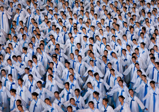 North Korean women dancing in choson-ot during the Arirang mass games in may day stadium, Pyongan Province, Pyongyang, North Korea