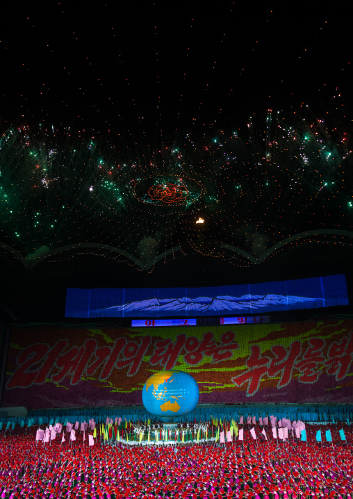 North Korean gymnasts in front of a world globe during the Arirang mass games in may day stadium, Pyongan Province, Pyongyang, North Korea