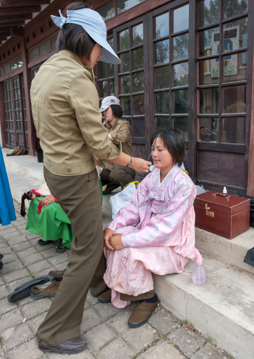 Actresses make-up during a movie shooting in Pyongyang film studios, Pyongan Province, Pyongyang, North Korea