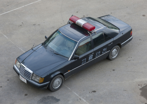 High angle view of a North Korean black police car on a parking, Pyongan Province, Pyongyang, North Korea