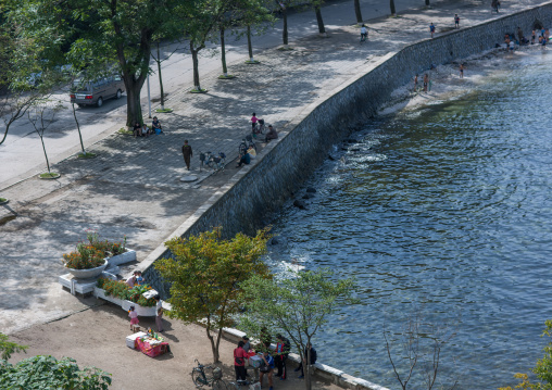 High angle view of norh Korean people having a swim in the sea, Kangwon Province, Wonsan, North Korea