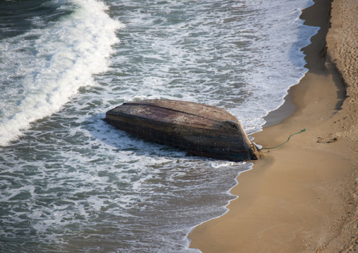 Aground fishermen boat on a beach, North Hamgyong Province, Chilbo Sea, North Korea