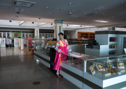 Saleswomon in a supermarket in the former meeting point between families from North and south, Kangwon-do, Kumgang, North Korea