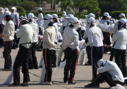 Young North Korean women during a mass games rehearsal in Kim il Sung square, Pyongan Province, Pyongyang, North Korea