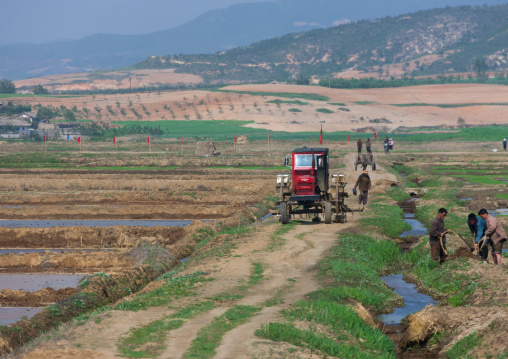 Old North Korean tractor in a field in the countryside, Pyongan Province, Pyongyang, North Korea