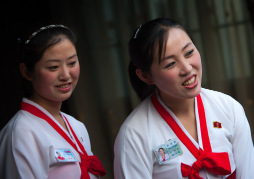 North Korean waitresses in choson-ot in a restaurant, North Hwanghae Province, Kaesong, North Korea